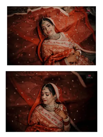 A diptych of the bride, capturing her from above in her beautiful red lehenga, looking both serene and happy.