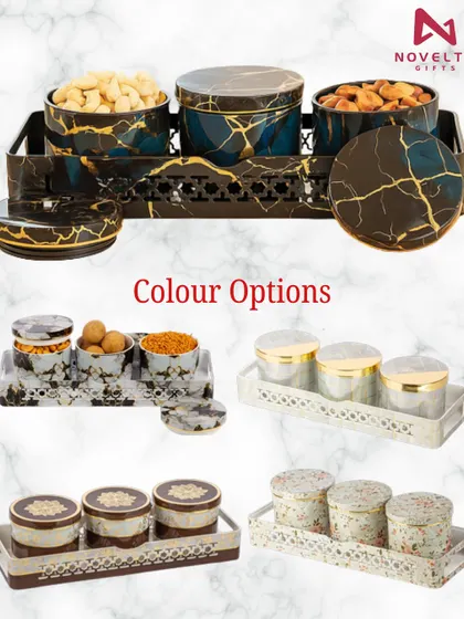 These festive dry fruit containers are crafted to keep snacks fresh while looking beautiful. This set features a modern black and gold marble design with multiple color options.