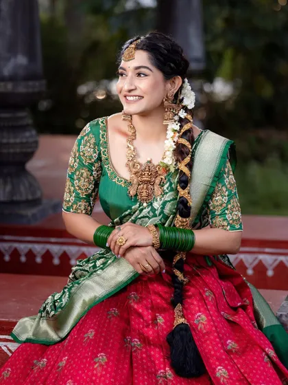 An identical shot of the seated client, providing a clear view of the skirt's design.