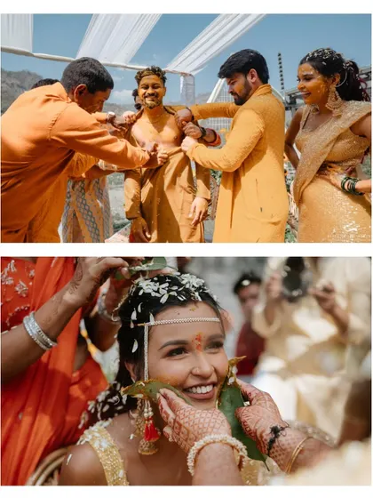 A collage showing the traditional aspects of the Haldi ceremony. The application of turmeric by family members is a beautiful ritual full of blessings and love.
