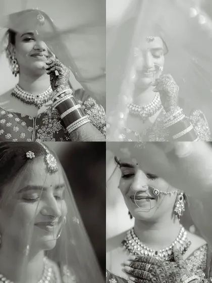 A four-panel black and white collage of the bride's close-up portraits. Each shot captures a different subtle expression, showing her quiet joy and anticipation.