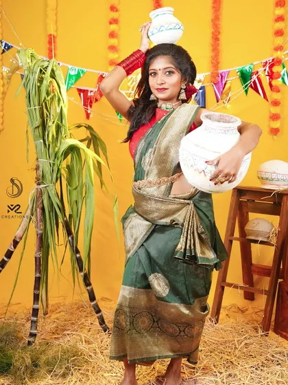 A traditional village-themed Pongal look, complete with rental pots, saree, and jewellery for that authentic feel.