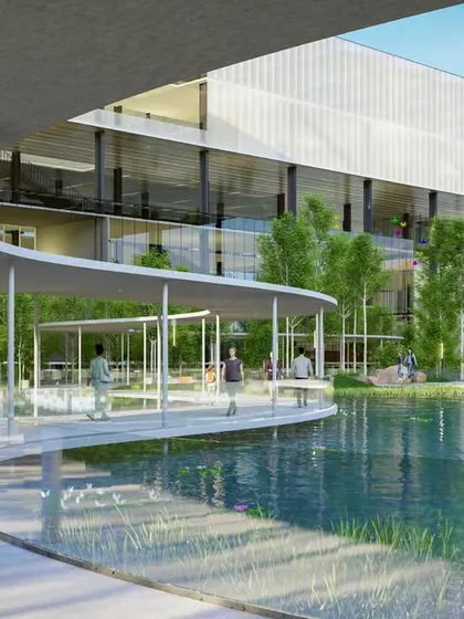 The design of the ePositive campus emphasizes porous, open spaces. This view shows the interplay between the modern research labs and the natural water features, creating a tranquil yet intellectually stimulating environment for scientists and researchers.