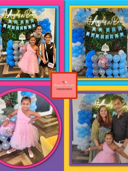 A collage from Noor's 6th birthday party. We created a fun blue and silver balloon backdrop with our signature neon sign, making for some great family photos and memories.