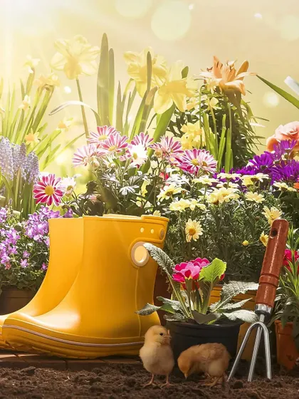 Two little chicks exploring a garden scene with bright yellow boots. A playful and colorful setup.