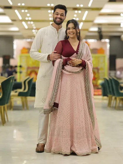 Sharing a personal moment from my roka ceremony. For this special day, I worked on creating a coordinated look that felt both celebratory and true to our personal styles, blending traditional silhouettes with modern color palettes.