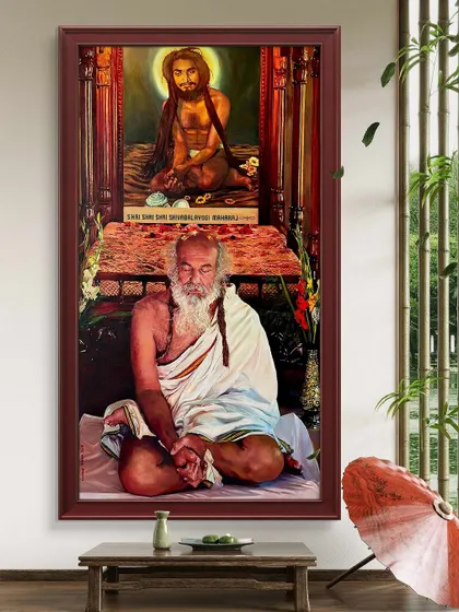 The Guru painting displayed in a digitally rendered room, showing its potential as a centerpiece for a meditation or prayer room.