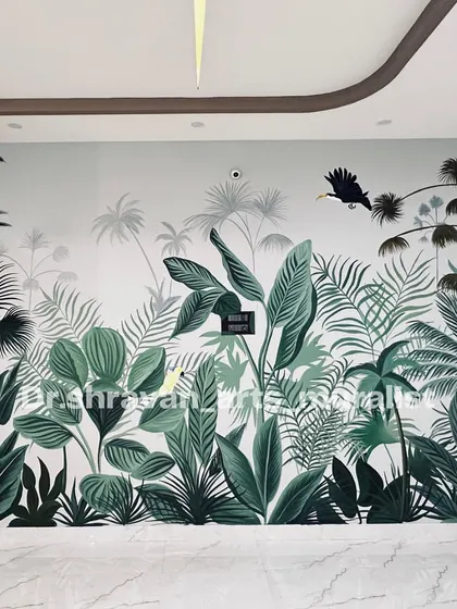 I had the amazing opportunity to transform the new residence of a talented actor with this tropical mural. The design uses a muted, sophisticated color palette to create a calm and elegant jungle.