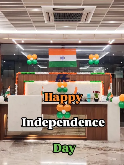 For this Independence Day office celebration, I created two prominent balloon pillars in the national tricolor theme to frame the reception area. The decor is completed with smaller balloon clusters and the Indian flag, creating a patriotic and professional look for the corporate space.