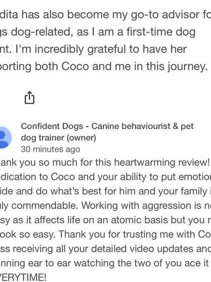 The conclusion of Meghana's review, where she calls me her go-to advisor. It is a privilege to support families on their journey.
