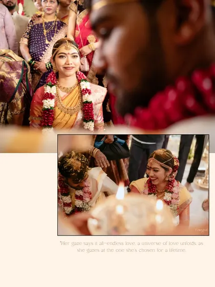 A collage capturing the bride's gaze at her groom and a candid moment during the South Indian wedding rituals.