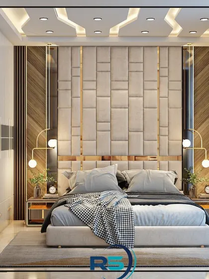 This 3D render for a master bedroom in Delhi showcases a luxurious, hotel-inspired design. The focal point is the expansive, upholstered wall panel behind the bed, framed by mirrors and accented with stylish bedside lamps.