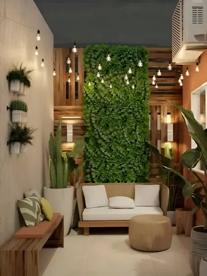 A cozy balcony nook designed for evening relaxation. This space features a vertical garden, a small sofa, and a string of Edison bulbs that create a warm and magical ambiance.