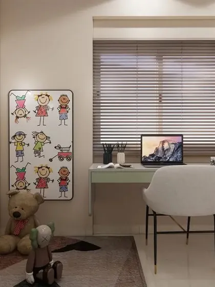 Another view of the kids' room, focusing on the study area by the window. The design includes a whiteboard for creative doodles and open shelving for books.
