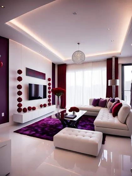 This living room uses a deep purple and white palette for a bold, dramatic effect. The spherical wall decor and clean lines keep the design modern and chic.