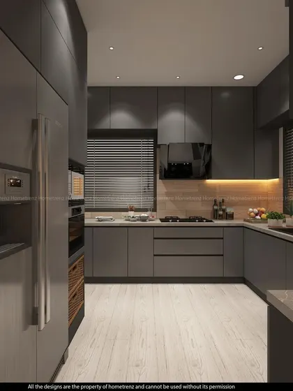 I designed this kitchen with a sophisticated matte grey finish and a wood-textured backsplash. The layout includes a tall unit with a built-in oven and microwave, pull-out wicker baskets, and under-cabinet lighting to illuminate the workspace.