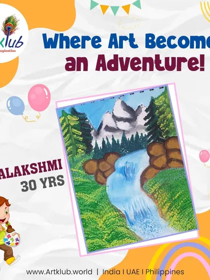 For our adult students, art becomes an adventure. Here, Mahalakshmi, age 30, captures a majestic mountain waterfall scene.