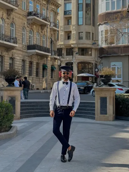 Another shot of my captain's outfit in the beautiful streets of Baku. It's all about committing to the theme and creating an unforgettable experience.
