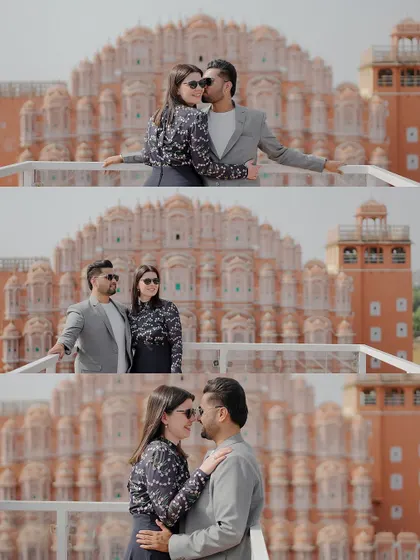 A series of three portraits in front of Hawa Mahal, capturing different interactions and moods, from playful to romantic.