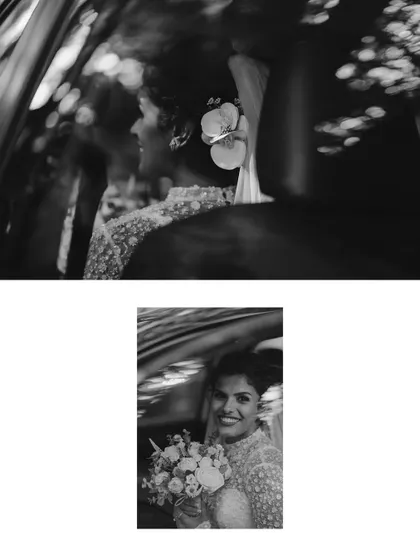 A bride's happy, smiling face seen from inside the car on the way to her ceremony. This collage captures her excitement and the beautiful details of her hair and bouquet.