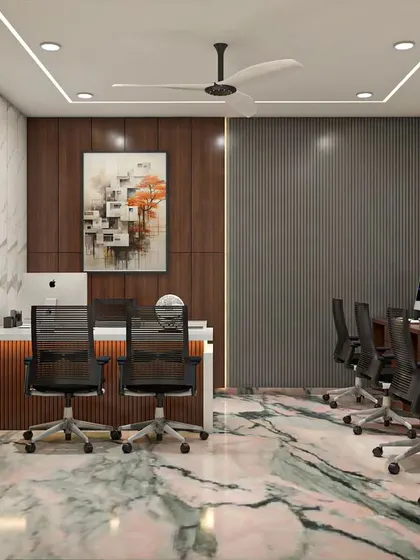 This 3D office design combines a private cabin and an open workstation area. The use of glass partitions, consistent wood tones, and striking marble flooring creates a cohesive and professional look.