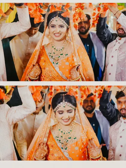 A diptych of the bride's grand entrance under a phoolon ki chadar. Her joyful and shy expressions are beautifully captured as she walks towards the stage.