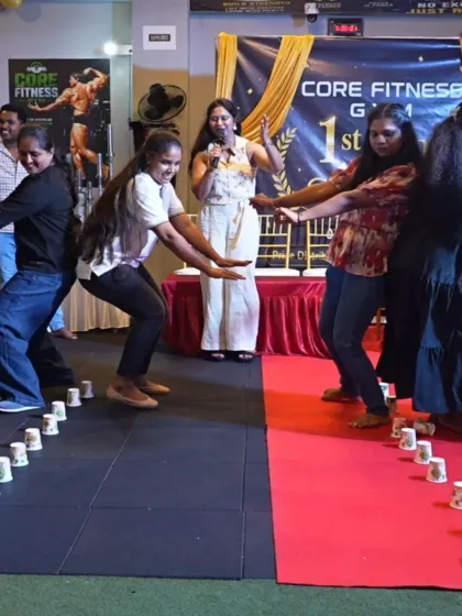 A fun and slightly competitive game in progress at the gym anniversary. Incorporating theme-appropriate activities is a great way to make a corporate event more interactive and memorable.
