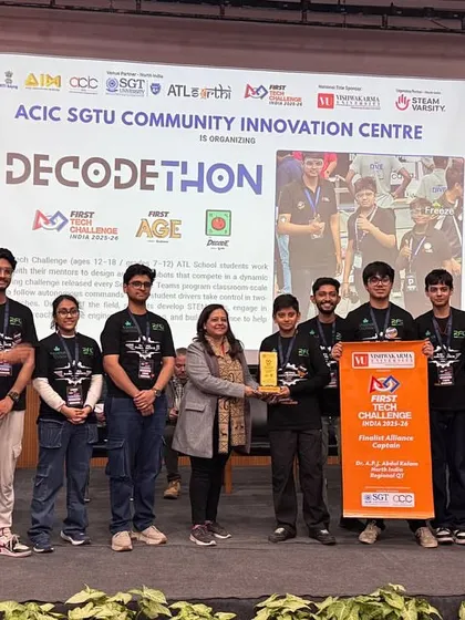 Team Metal Mavericks on stage receiving their award at the North India regional championship. As a rookie team, their journey to the finals was an incredible achievement.