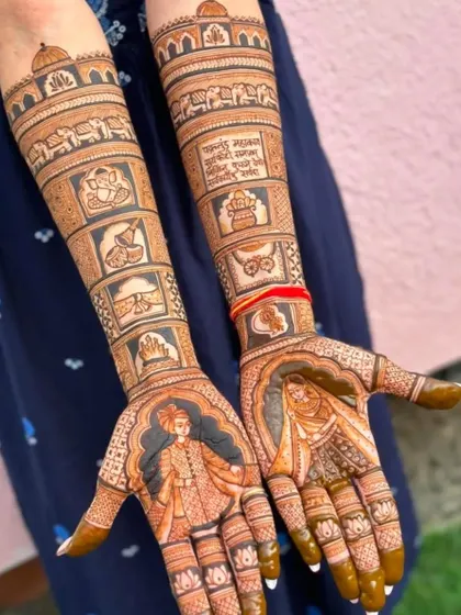 A highly personalized design featuring bride and groom portraits, wedding mantras written in Hindi script, and various auspicious symbols.