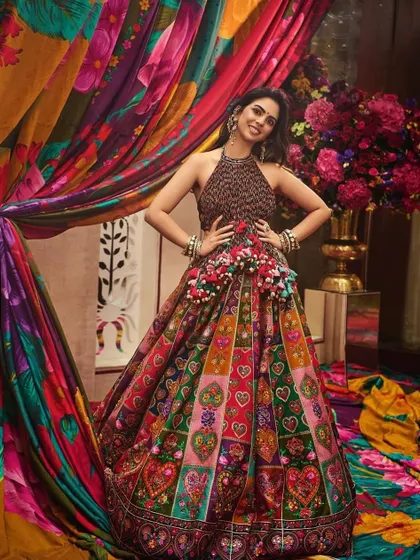 A full view of the multi-colored Torani lehenga, a masterpiece of print and texture that was a joy to style.