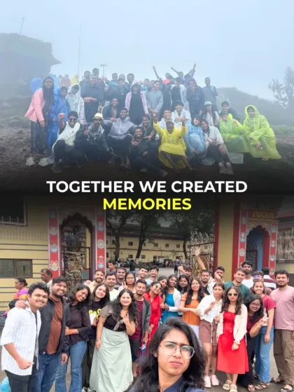 "Together We Created Memories" - a collage capturing the essence of our trips, from rainy treks to happy group photos at a monastery.