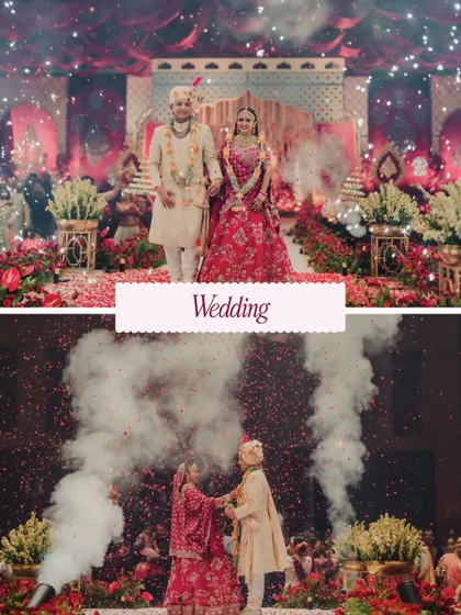A collage from the grand wedding ceremony, complete with a flower-decked stage and dramatic CO2 smoke effects.