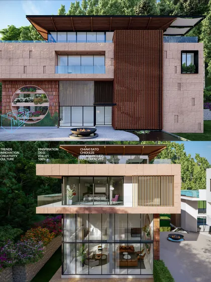 A composite image showing two different angles of the Dehradun residence. It highlights the home's modern, geometric forms, the use of natural stone cladding, and the way the structure is nestled into the green hillside.