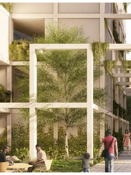 The staggered arrangement of Pixel Housing creates a variety of outdoor spaces, from private balconies to shared courtyards, fostering a sense of community.