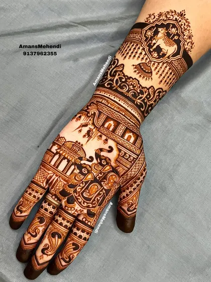 A rich and detailed design telling a story. The palm features a scene with an elephant and a palace, while the wrist shows a horse in a decorative frame.