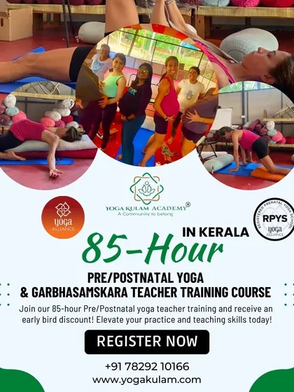 A poster for our Prenatal and Postnatal YTTC in Kerala, featuring a collage of images showing pregnant students using props for safe and effective practice.