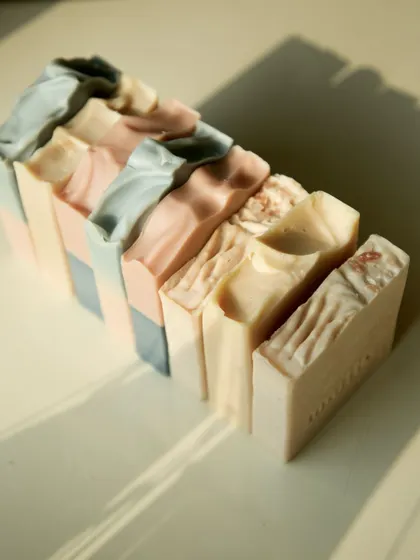 A lineup of soaps that feel like butter on your skin, showcasing their creamy textures and soft, natural colors.