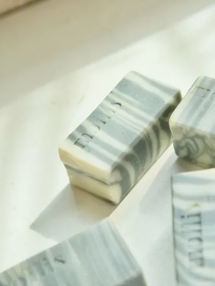 The clean, crisp lines and marbled look of the 'Minty Breeze' soap.