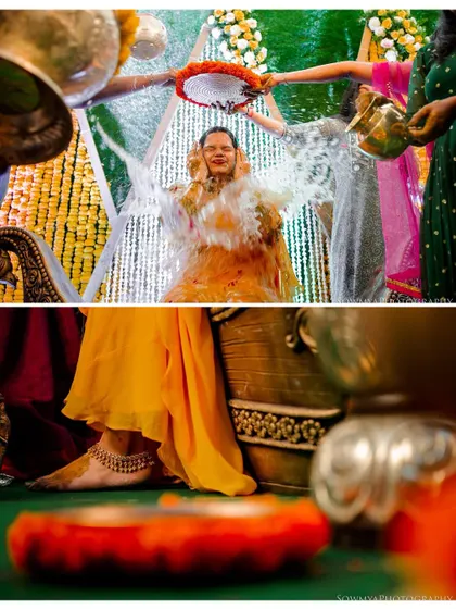 A collage from a Haldi ceremony, capturing the ritual, the details, and the festive colors.