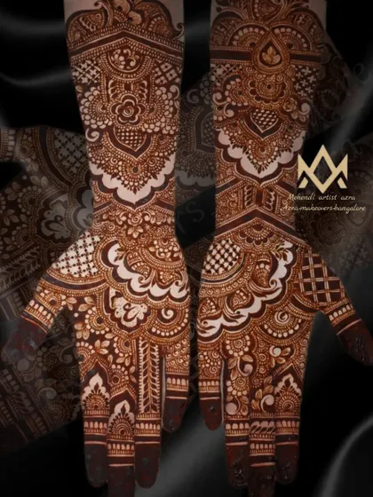 The intricacy of this design is perfect for a bride, with fine lines and detailed patterns that create a stunning overall effect.