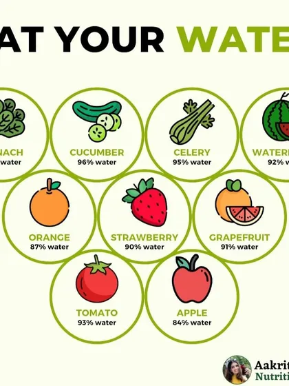Staying hydrated isn't just about drinking water. You can also "eat your water" through hydrating foods. This visual shows fruits and vegetables like cucumber, watermelon, and spinach that have high water content to help you stay hydrated.