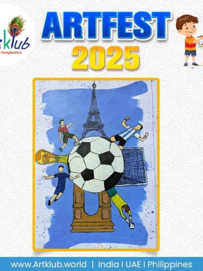 A creative collage-style artwork by a senior student, combining football players, the World Cup trophy, and Parisian landmarks like the Eiffel Tower.