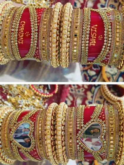 I design traditional bridal chooda with a modern, personal touch. These bangles are customized with the couple's names and even photos, making them a unique part of your wedding attire and a cherished memory.