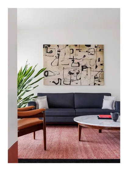 The first look at a new project, this living room features a custom sofa and armchair. My process begins with understanding how a family lives, then designing furniture that supports their lifestyle.
