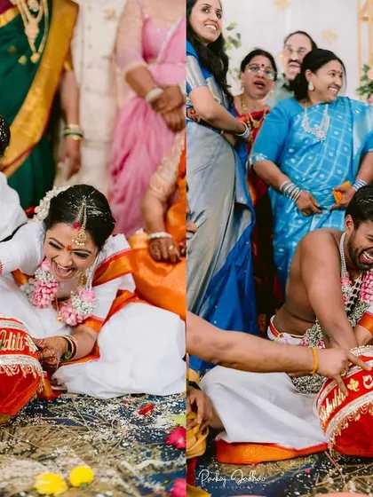 More laughter and fun during the wedding games, a highlight of this Telugu celebration.