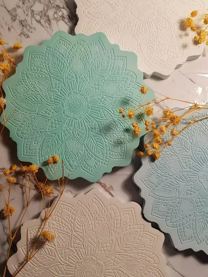 The full set of pastel Mandala coasters, ready to be used. The different colors allow you to mix and match depending on your mood or decor.