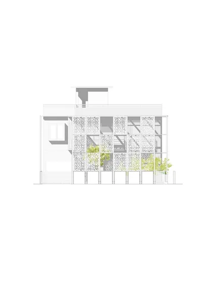 An architectural drawing for a 'Screen Porch' project. The design uses a laser-cut metal screen to provide privacy and shelter from the sun, creating a comfortable, semi-enclosed space.