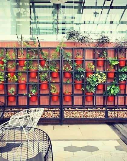At the Sheraton Grand's Alfresco by Bene, we designed this striking plant grid using vibrant red pots. This custom installation serves as a colorful and lively privacy screen for the outdoor seating area, adding character to the space.