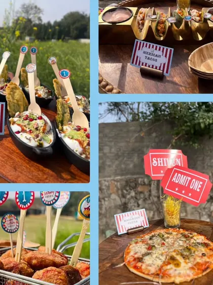 A collage of our food offerings for a Carnival themed party, including Mexican Tacos, Palak Patta Chaat, and mini pizzas, all with fun, festive presentation.