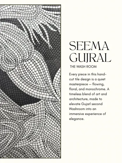 A close-up of the hand-cut floral mosaic tile design for the Seema Gujral washroom. Every piece is a quiet masterpiece, blending art and architecture to create an immersive experience of elegance.